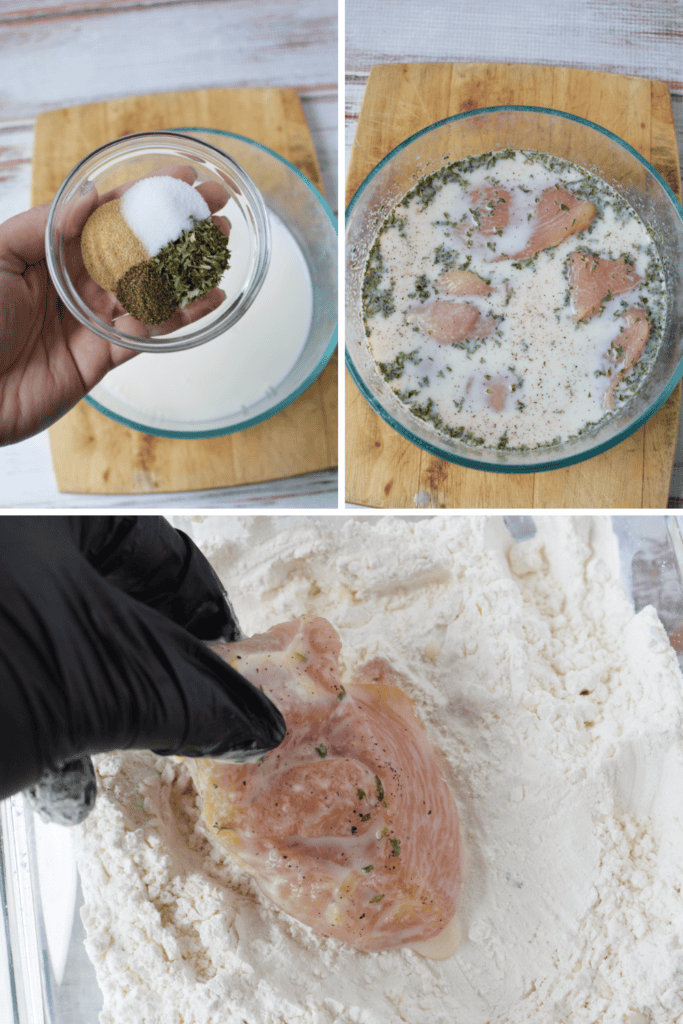 Three images: a hand holding a bowl of mixed spices above a bowl of liquid; chicken marinating in a seasoned liquid; and a gloved hand coating marinated chicken in flour for the perfect Chicken Biscuit Sandwich Recipe.