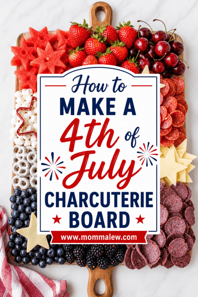 Celebrate with a festive 4th of July Charcuterie Board featuring red, white, and blue foods like watermelon stars, cherries, blueberries, cheese, salami, and pretzels—a patriotic treat perfect for your Independence Day gathering.