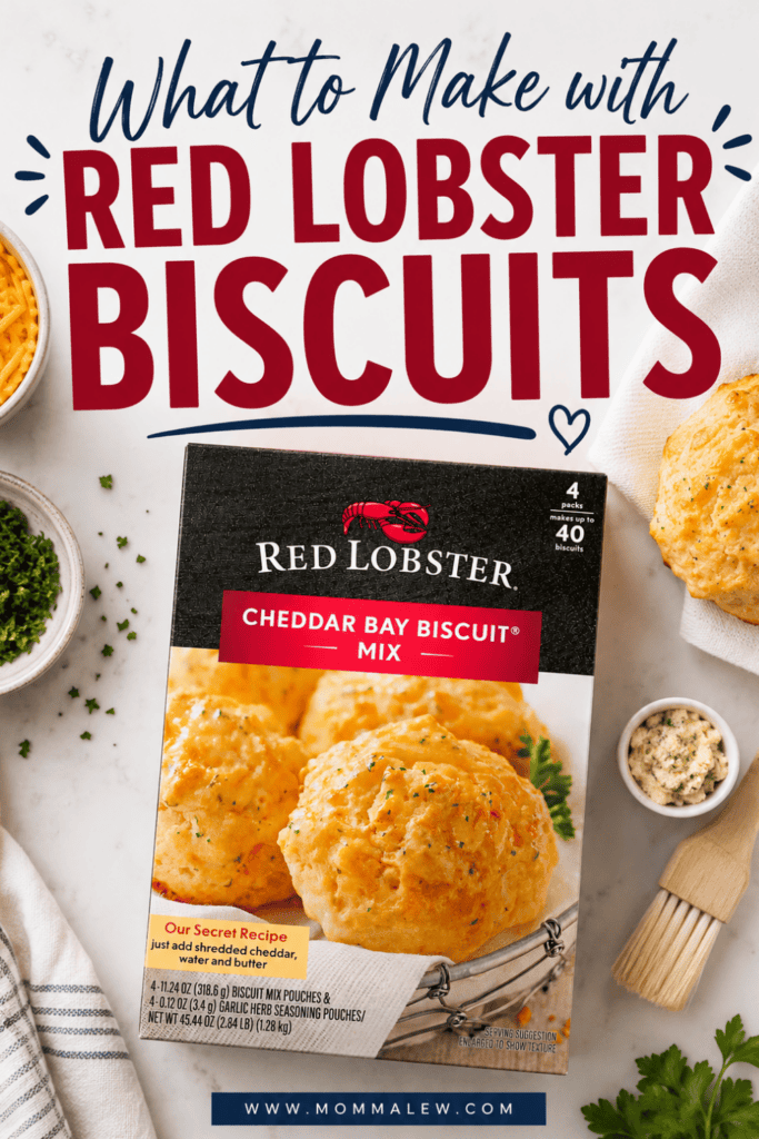 A box of Red Lobster Cheddar Bay Biscuit Mix sits on a table with baked biscuits, shredded cheese, chopped herbs, and butter, perfect for inspiring What to Make with Red Lobster Biscuits.