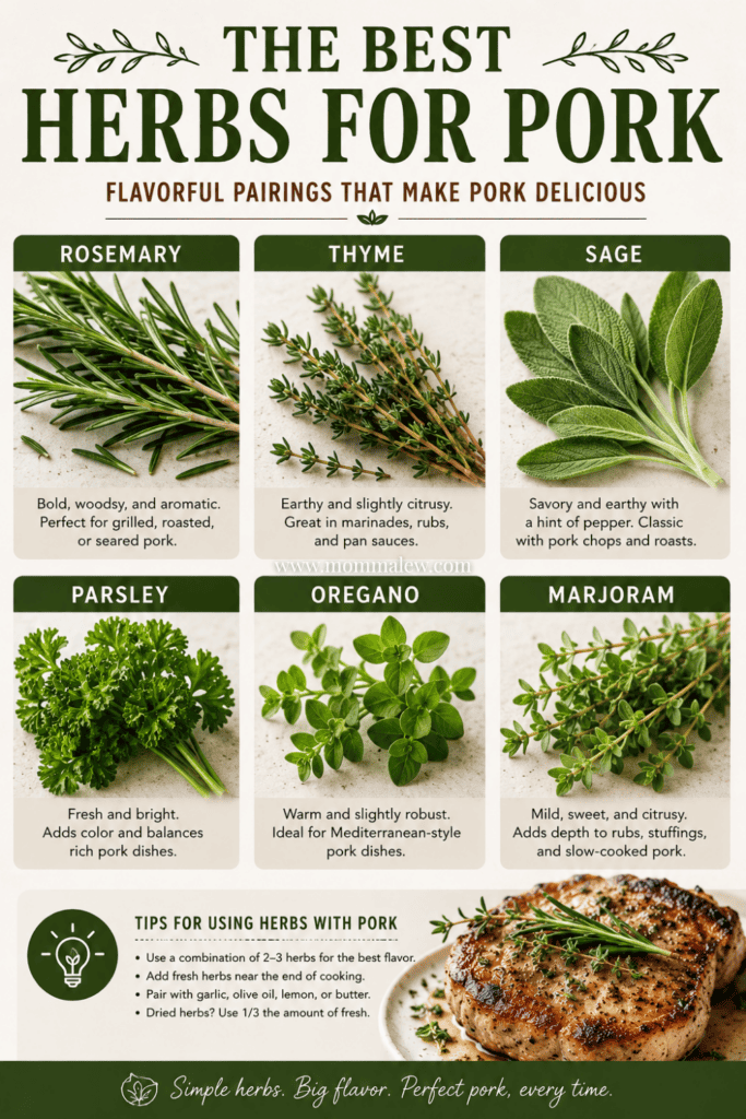 Infographic titled The Best Herbs for Pork, highlighting the best herbs for pork like rosemary, thyme, sage, parsley, oregano, and marjoram with brief tips and a photo of cooked pork garnished with fresh herbs.