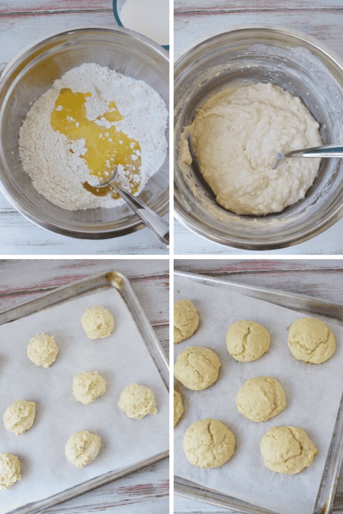 Four-panel image showing a Drop Biscuit Recipe: flour and melted butter in a bowl, mixed dough, scoops of dough spaced on a baking sheet, and golden baked biscuits on parchment paper.