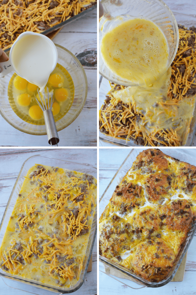 A collage shows four steps of making a Biscuit Breakfast Casserole: adding milk to eggs, pouring beaten eggs over sausage and cheese in a dish, the assembled uncooked casserole, and the finished baked casserole.