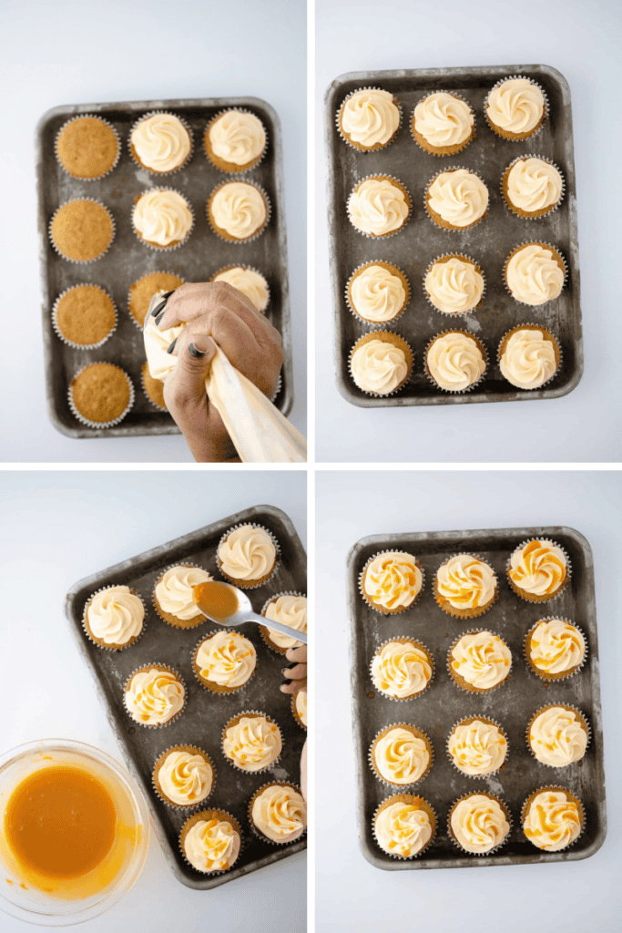 Four images show a step-by-step process: Butterbeer Cupcakes topped with swirled frosting, all cupcakes frosted, caramel sauce spooned over them, and the finished Butterbeer Cupcakes drizzled with caramel.