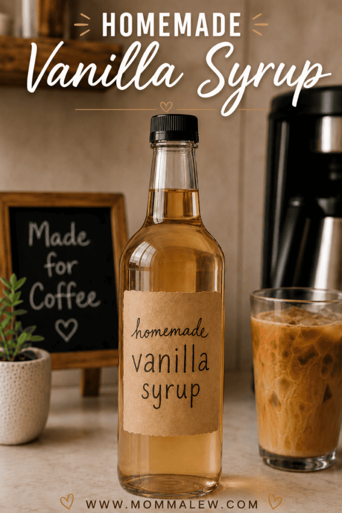 A bottle labeled homemade vanilla syrup sits on a counter next to an iced coffee, a potted plant, and a small chalkboard sign that reads Made for Coffee. The website www.mommalew.com is at the bottom.
