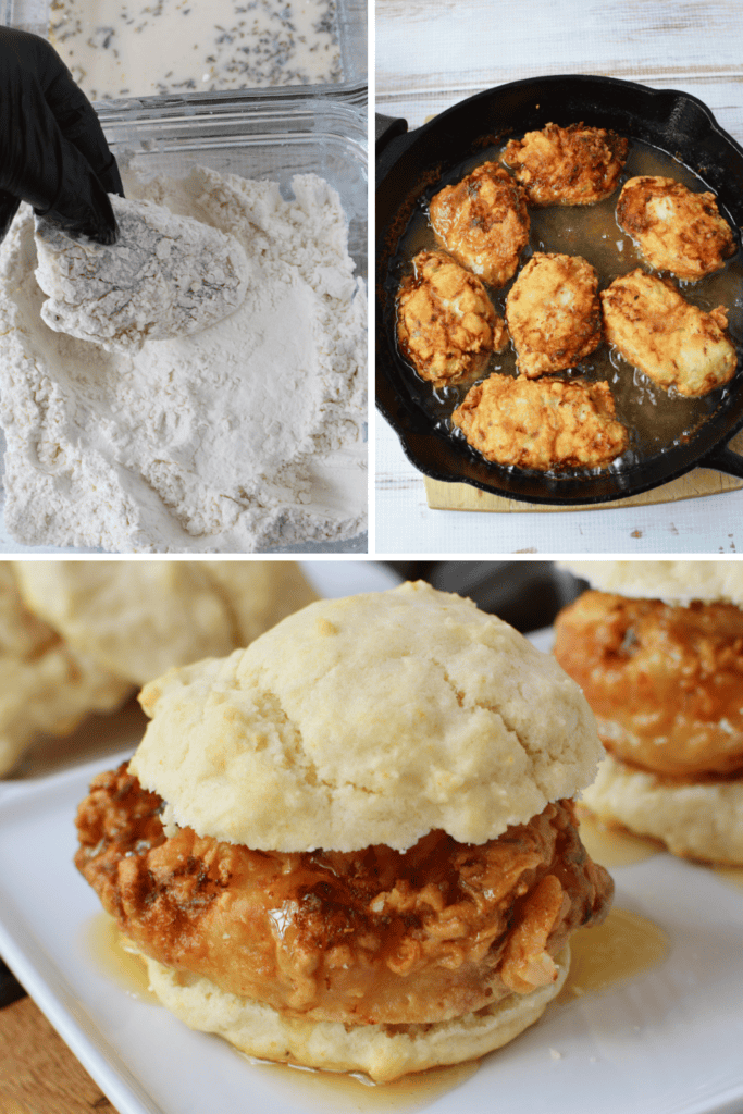 A collage showing: chicken being coated in flour, battered chicken frying in a cast iron skillet, and a close-up of a Chicken Biscuit Sandwich Recipe drizzled with honey on a plate.