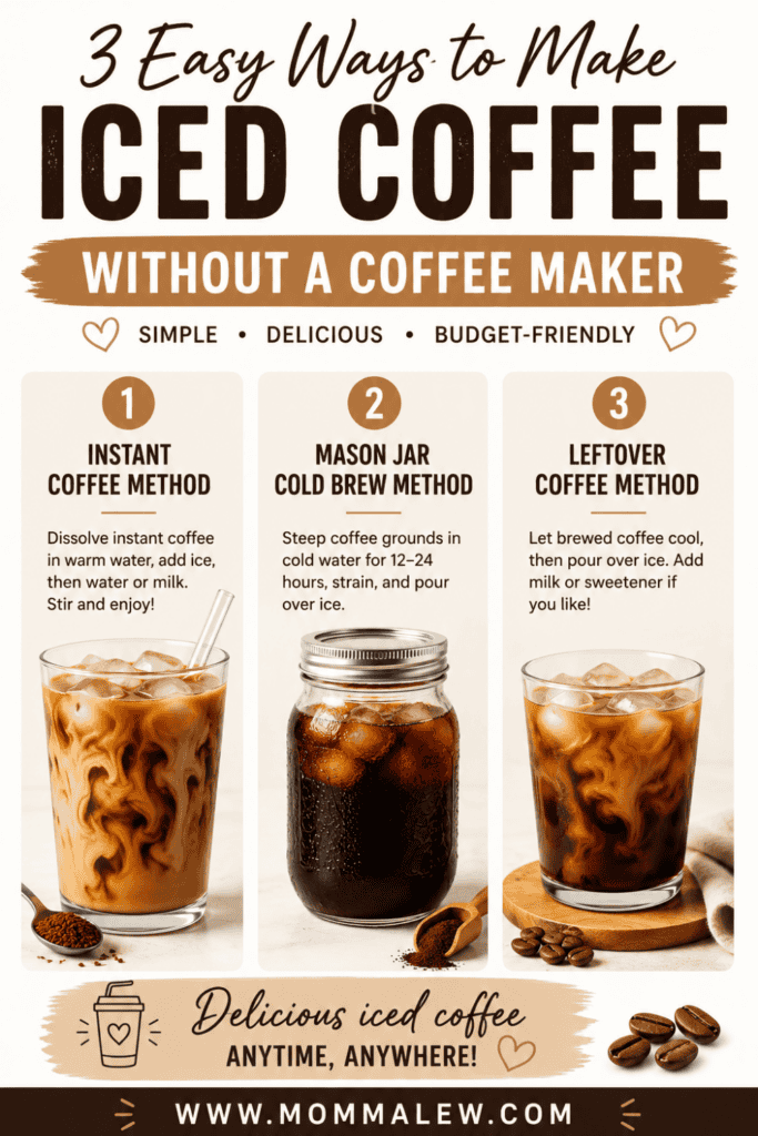Infographic titled 3 Easy Ways to Make Iced Coffee without Coffee Maker features three methods—instant coffee, mason jar cold brew, and leftover coffee—with photos and simple instructions for making iced coffee without a coffee maker.