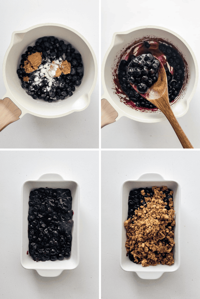 Four-step process of making a Blueberry Crisp with Frozen Blueberries: combine frozen blueberries with sugar and flour in a pot, stir the mixture, spread in a baking dish, then top with oat crumble.