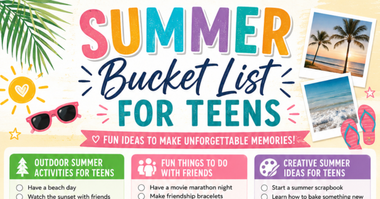 Colorful graphic titled “Summer Bucket List for Teens” features playful fonts, palm leaves, sunglasses, doodles, and beach photos. The summer bucket list for teens includes outdoor activities, friend adventures, and creative ideas under the title.