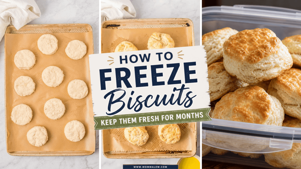 Three images show: unbaked biscuits on a tray, baked biscuits on a tray, and golden biscuits stored in a plastic container with a sign reading “How to Freeze Biscuits: keep them fresh for months.”.