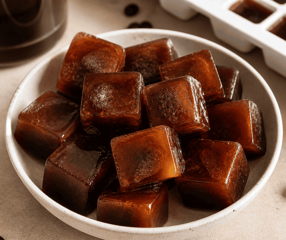 A white bowl filled with dark brown coffee ice cubes sits on a tan surface, with an ice cube tray and coffee beans visible in the background.