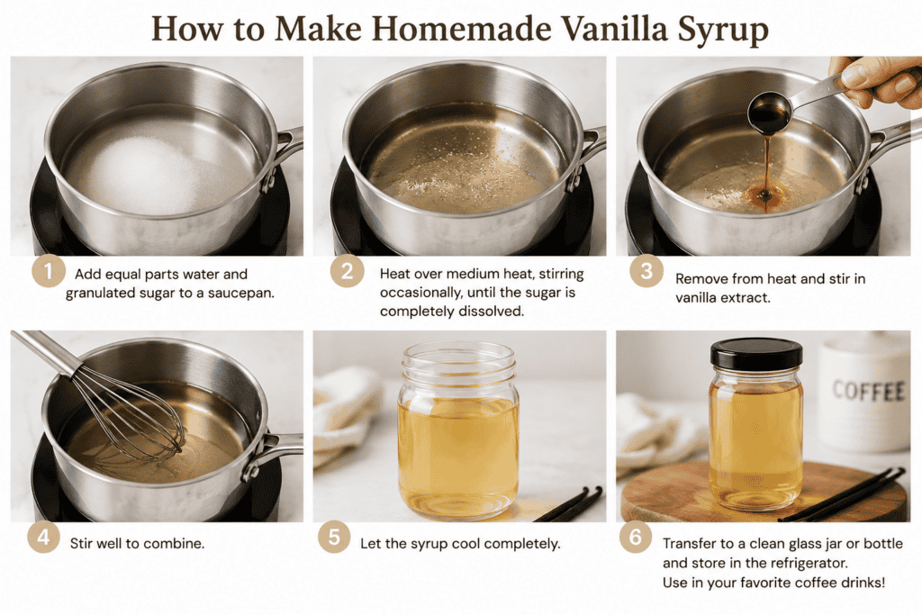 Six-step guide showing how to make homemade vanilla syrup: Mix water and sugar in a saucepan, heat to dissolve, add vanilla extract, whisk, cool, then pour the syrup into a glass jar for storage.