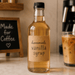 A clear bottle labeled homemade vanilla syrup sits on a kitchen counter next to a glass of iced coffee, a coffee maker, a small potted plant, and a chalkboard sign that reads Made for Coffee.
