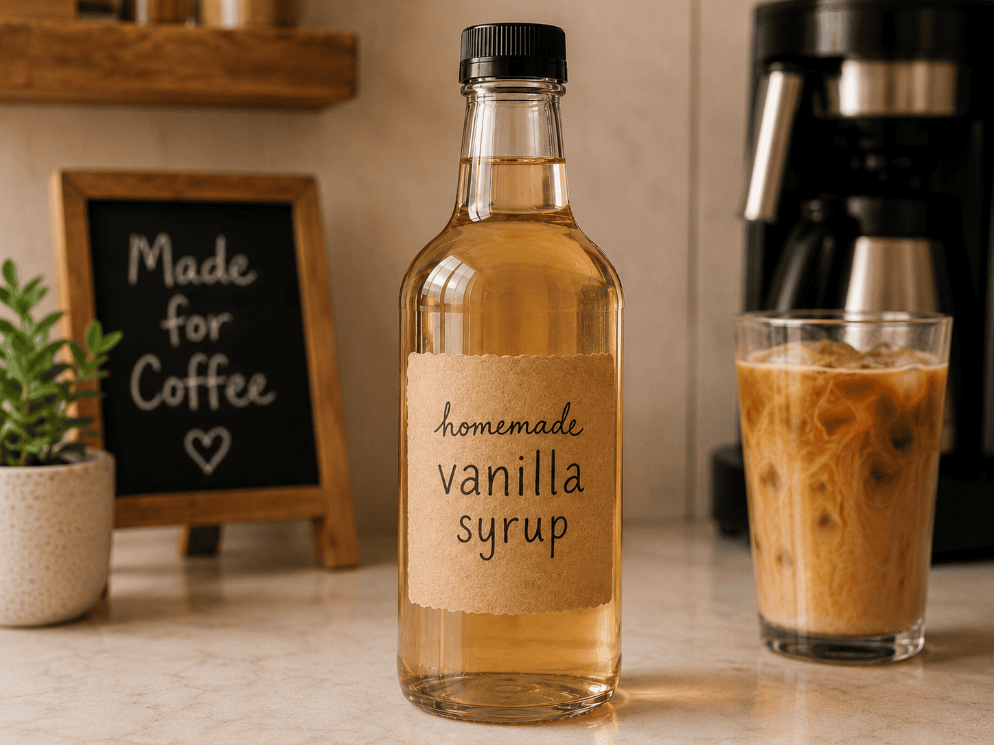 A clear bottle labeled homemade vanilla syrup sits on a kitchen counter next to a glass of iced coffee, a coffee maker, a small potted plant, and a chalkboard sign that reads Made for Coffee.