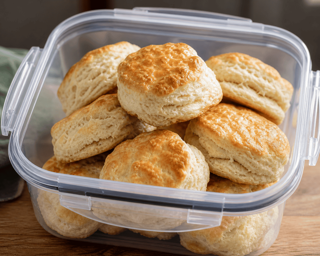 A clear plastic container filled with freshly baked golden brown biscuits, stacked neatly on a wooden surface.