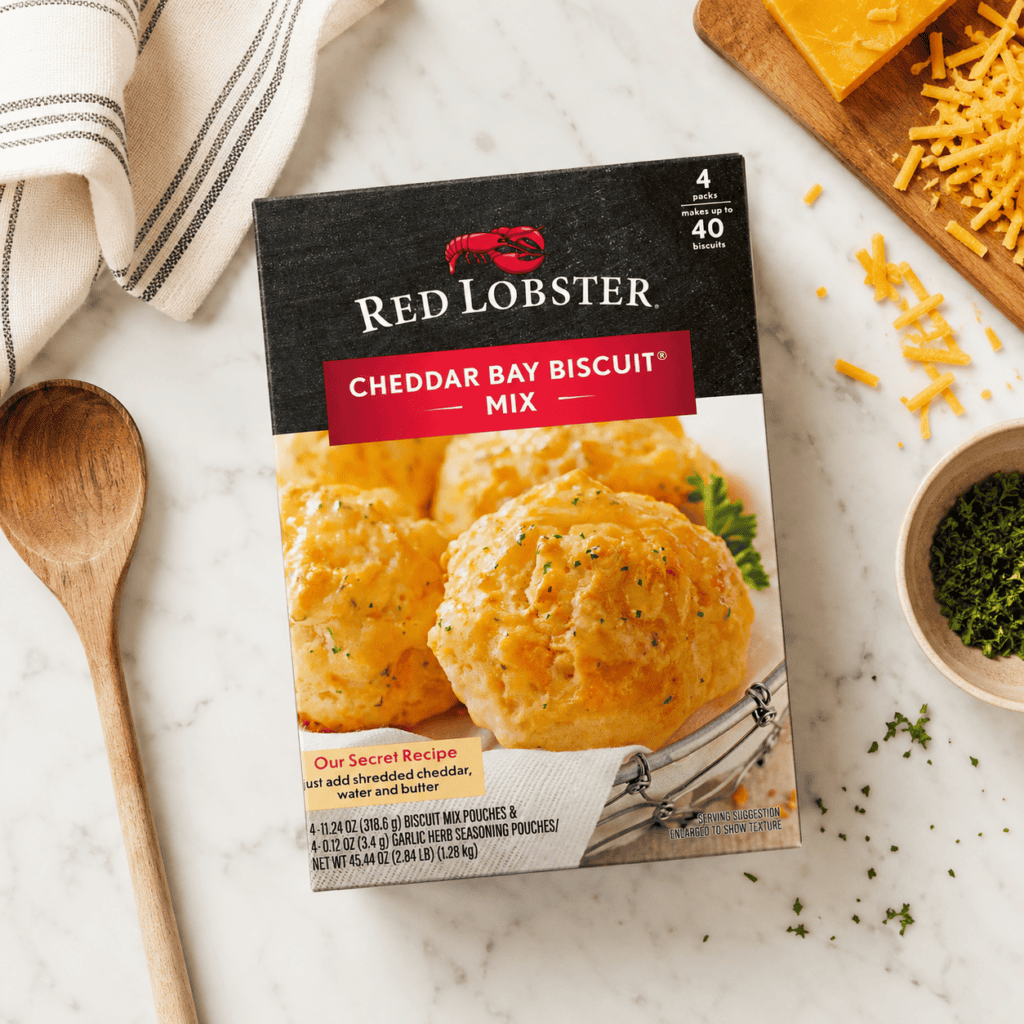 A box of Red Lobster Cheddar Bay Biscuit Mix sits on a light countertop, surrounded by a wooden spoon, grated cheddar cheese, chopped herbs, and a striped kitchen towel—perfect inspiration if you’re wondering what to make with Red Lobster biscuits.
