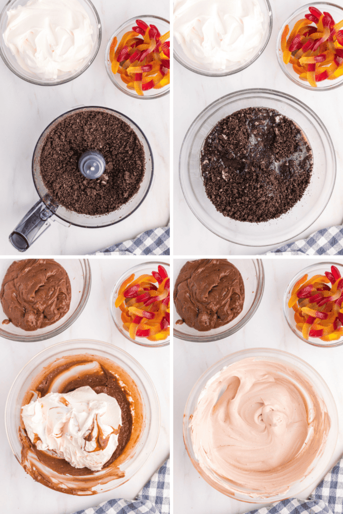 Four photos show steps for making a Dirt Pudding Recipe without Cream Cheese: crushed cookies in a food processor, cookie crumbs mixed with butter, chocolate mixture with gummy candies, and whipped cream folded in for a smooth, creamy dessert.