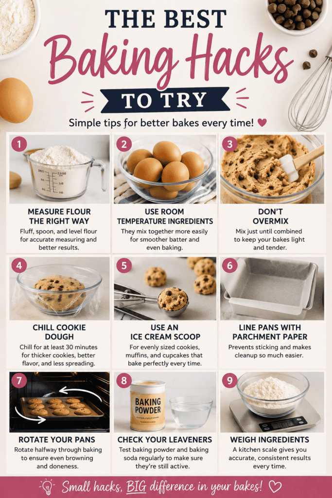 Infographic titled The Best Baking Hacks to Try with nine baking tips, each shown with text and images, such as measuring flour, rotating pans, using room temperature ingredients, and lining pans with parchment paper.