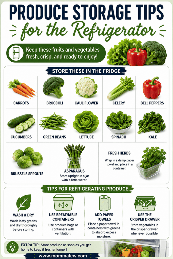 Infographic titled Produce Storage Tips for the Refrigerator, featuring images of various vegetables and expert produce storage tips like using breathable containers and paper towels to keep your veggies fresh longer.