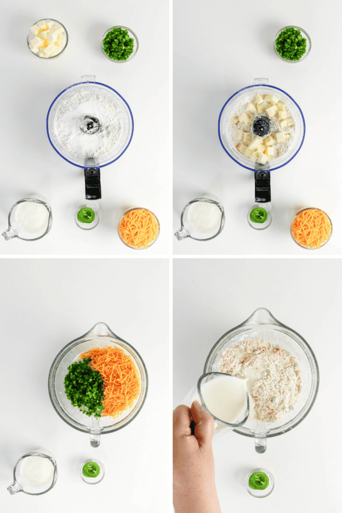 A four-panel image shows ingredients for Jalapeno Cheddar Biscuits: butter, jalapeños, cheddar cheese, flour, and milk being combined in a food processor and mixing bowl, with milk poured in during the final step.