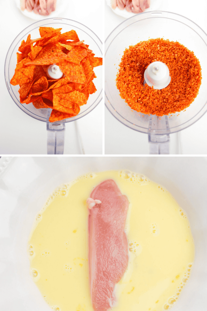 Three images: Top left shows nacho cheese tortilla chips in a food processor; top right shows the chips crushed into fine crumbs; bottom image shows a raw chicken breast dipped in beaten eggs, perfect for making Dorito chicken tenders.