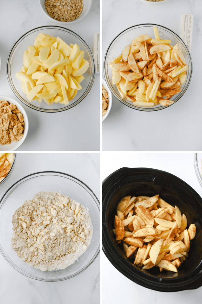 Four images show steps for making Crock Pot Apple Crisp: sliced apples in a bowl, apples mixed with cinnamon and sugar, a bowl of oat crumble topping, and a slow cooker filled with spiced apples and crumble.
