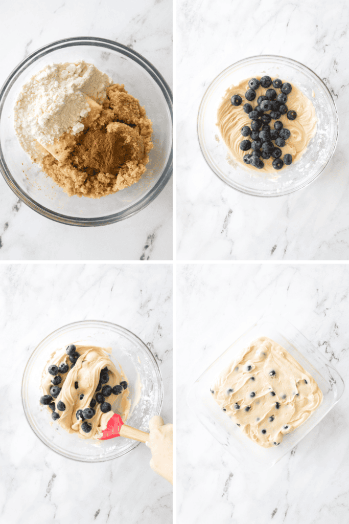 Four images show steps in making Bisquick Blueberry Coffee Cake: mixing dry ingredients, adding blueberries to batter, folding them in with a spatula, and spreading the blueberry batter into a square pan.