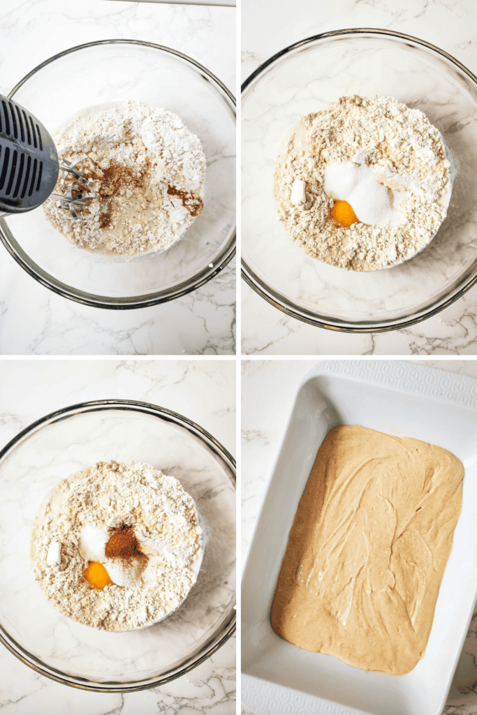 Four-step collage: mixing dry ingredients in a glass bowl, adding egg, sugar, and cinnamon for a classic 9x13 Bisquick Coffee Cake Recipe, blending, then pouring the smooth batter into a rectangular baking dish on a white marble countertop.