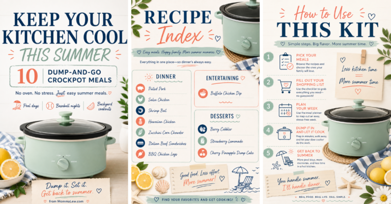 A set of three colorful panels promoting summer crockpot meals. The panels include a recipe index, steps to use the kit, and the phrase “Keep your kitchen cool this summer” with images of a crockpot, lemons, and kitchen utensils.