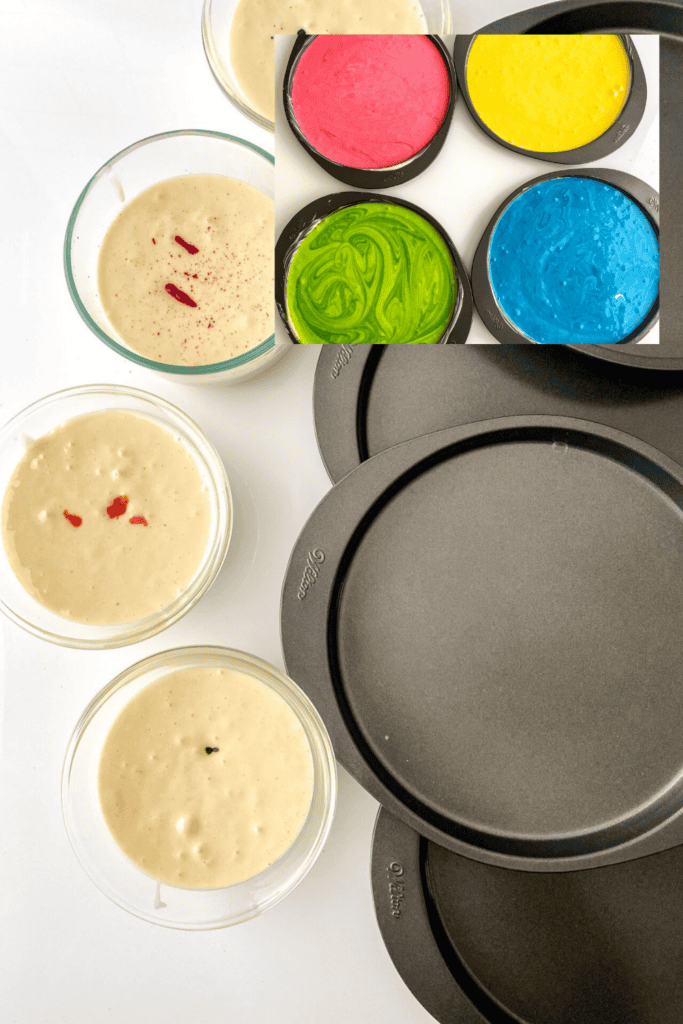 Four bowls of white cake batter, each tinted with food coloring, sit next to three empty round baking pans. An inset reveals four pans filled with red, yellow, green, and blue batter—perfect for a magical rainbow unicorn cake.