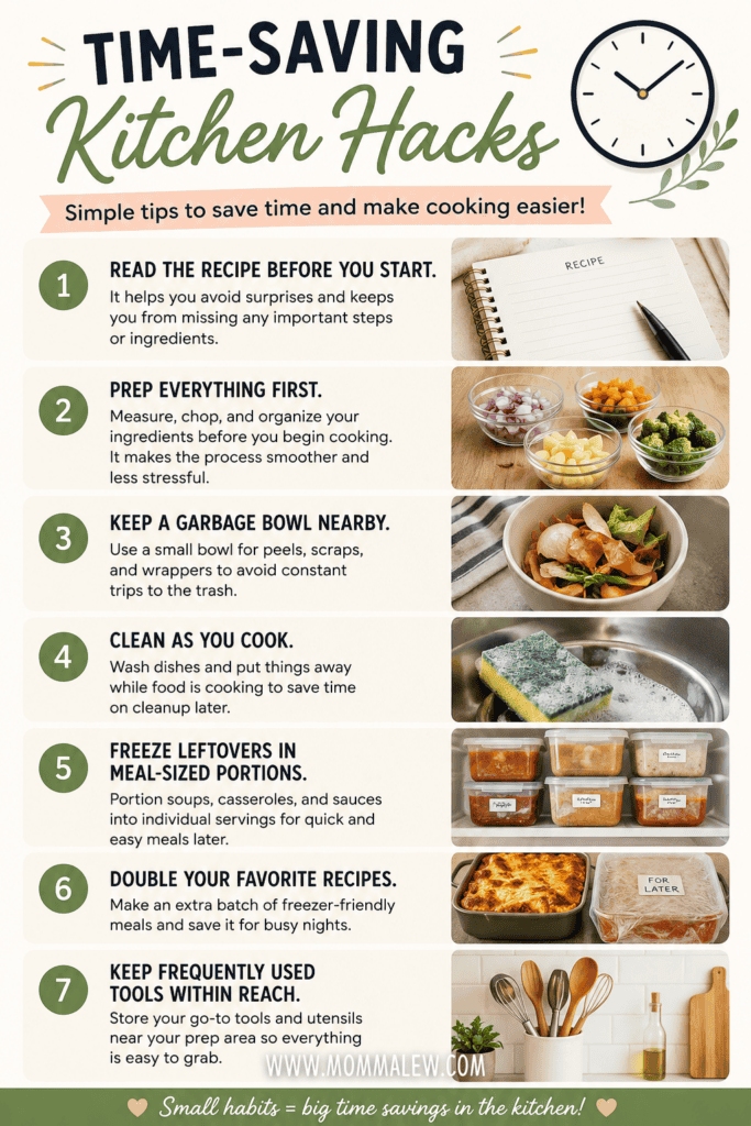 Infographic titled Time-Saving Kitchen Hacks with a clock icon. It lists six tips with illustrations: read the recipe, prep ingredients, use a garbage bowl, clean as you cook, freeze leftovers, double recipes, and keep favorite recipes nearby.