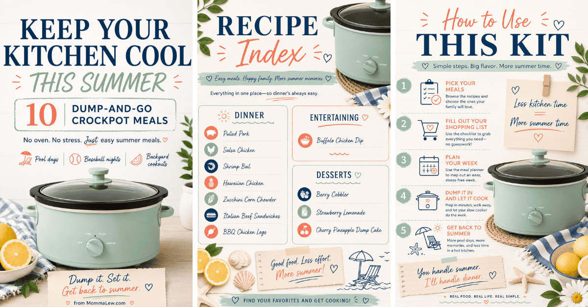 A set of three colorful panels promoting summer crockpot meals. The panels include a recipe index, steps to use the kit, and the phrase “Keep your kitchen cool this summer” with images of a crockpot, lemons, and kitchen utensils.