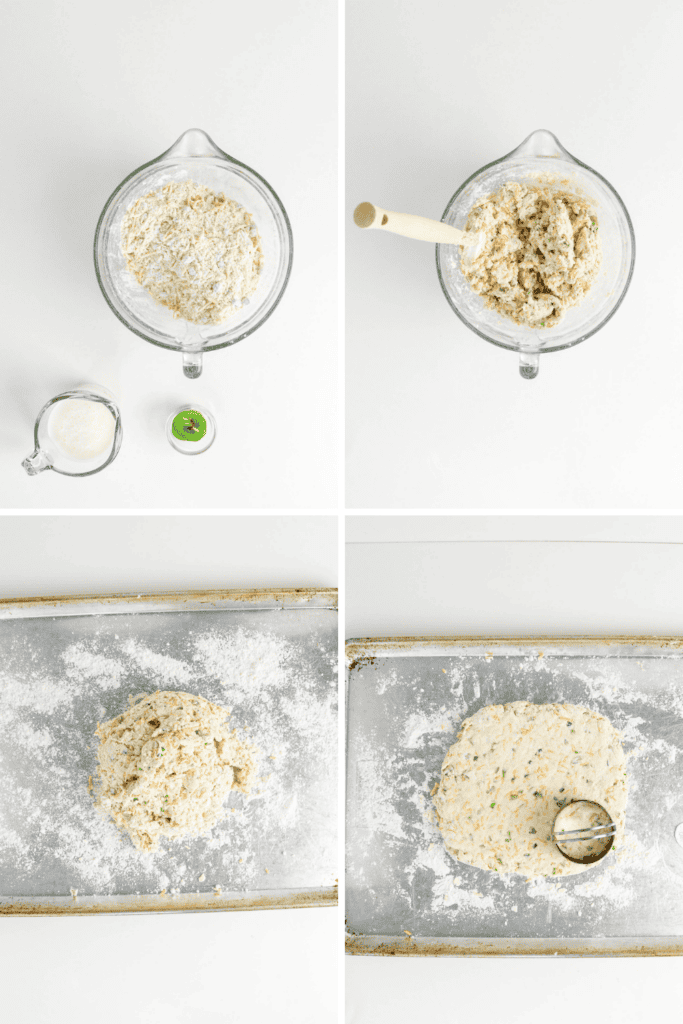 Four-panel image showing Jalapeno Cheddar Biscuits being prepared: mixing dry and wet ingredients in a bowl, transferring the dough onto a floured surface, and cutting out biscuit shapes with a round cutter.