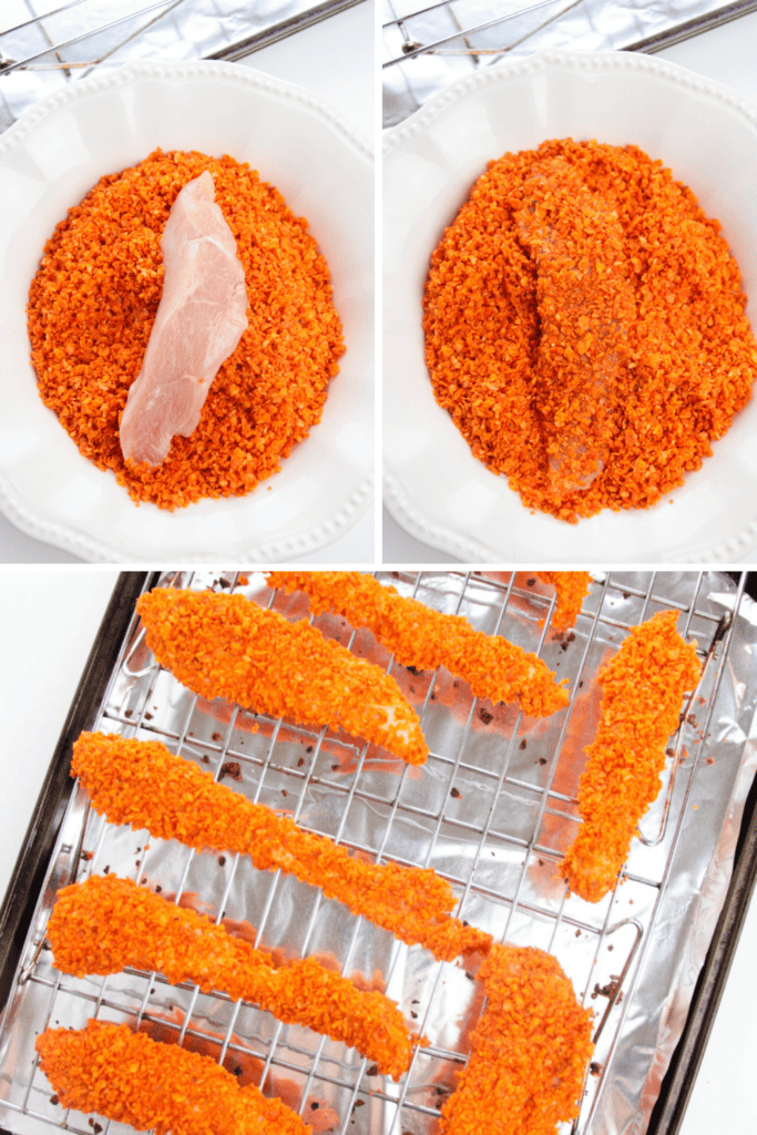 A collage shows three steps: raw chicken breast coated in crushed Doritos for dorito chicken tenders, then fully covered in crumbs, and finally the breaded chicken strips arranged on a wire rack over a foil-lined baking sheet.
