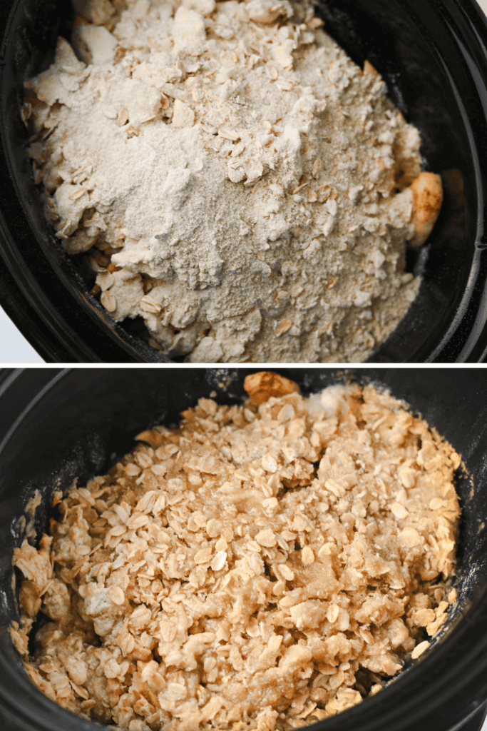 Two images show a Crock Pot Apple Crisp dessert. The top image features uncooked oat and flour topping on apples, while the bottom image reveals the topping mixed and slightly baked in the slow cooker.
