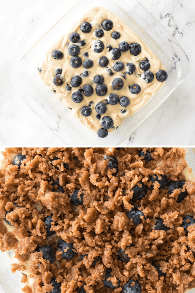 A glass baking dish with a layer of Bisquick Blueberry Coffee Cake batter and blueberries on top, followed by a close-up of the same dish covered with a crumbly brown streusel topping before baking.