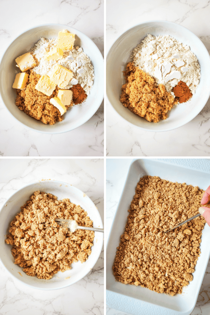 Four-step process of making a crumb topping for your 9x13 Bisquick Coffee Cake Recipe: butter, flour, brown sugar, and spices in a bowl; mixed together; crumbly mixture forms; spread evenly in the baking dish with a fork.