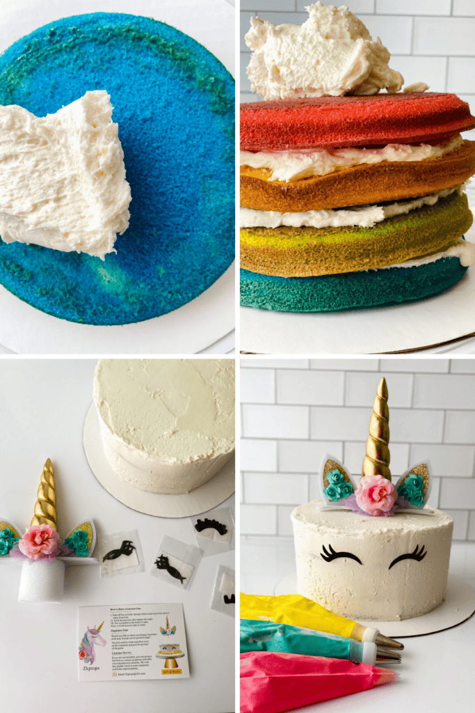 Four-step collage showing the process of decorating a rainbow unicorn cake: layering colored cake rounds, covering with icing, adding a unicorn horn and ears, and finishing with piped details and decorative facial features.