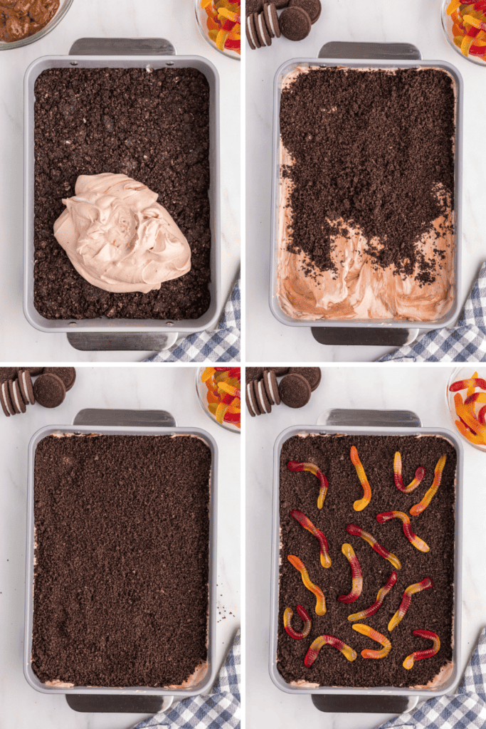 Four-panel image showing a Dirt Pudding Recipe without Cream Cheese: crushed cookies and chocolate mixture in the first two panels, an even cookie layer in the third, and the finished dessert topped with gummy worms in the fourth.