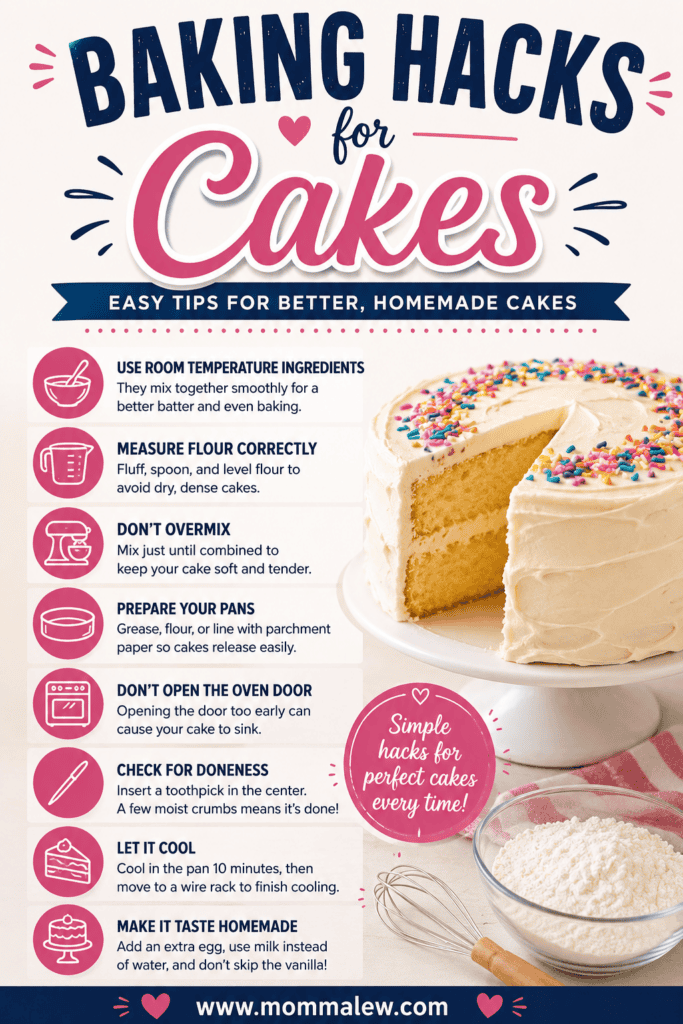 Infographic titled Baking Hacks for Cakes with a slice of cake on a plate. It lists tips like using room temperature ingredients, not overmixing, preparing pans, not opening the oven door, and tasting enhancements.