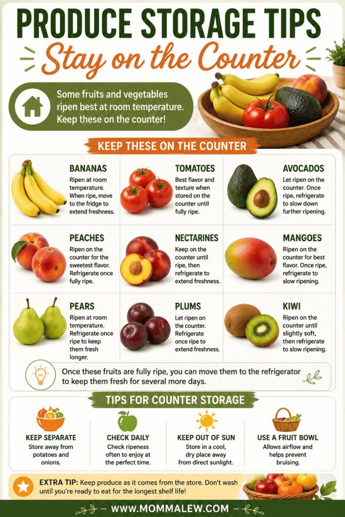 Infographic titled Produce Storage Tips: Stay on the Counter with images of fruits and vegetables, guidance on which produce to keep out, plus handy Produce Storage Tips for storing and ripening.