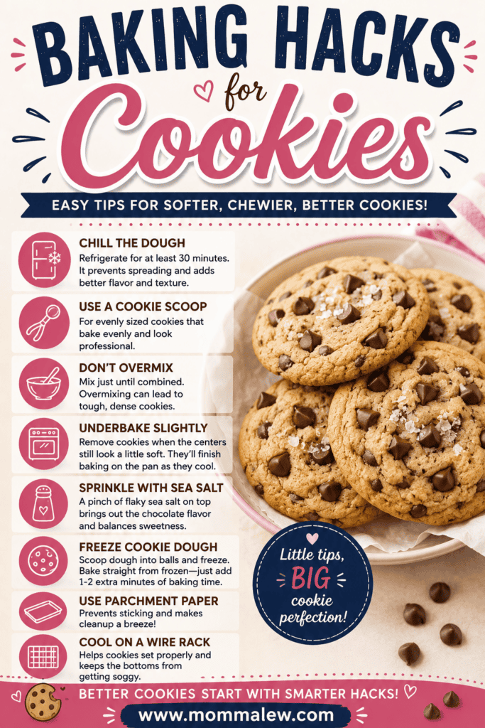 Infographic titled Baking Hacks for Cookies with a photo of chocolate chip cookies and tips for making better cookies, such as chilling dough, using a cookie scoop, not overmixing, and baking on parchment paper.