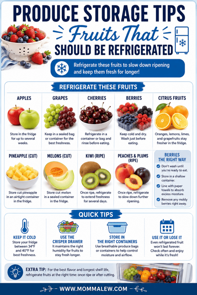 Infographic titled Produce Storage Tips: Fruits That Should Be Refrigerated, featuring storage advice for apples, grapes, cherries, berries, pineapple, melons, kiwi, and plums—plus essential produce storage tips for your fridge.