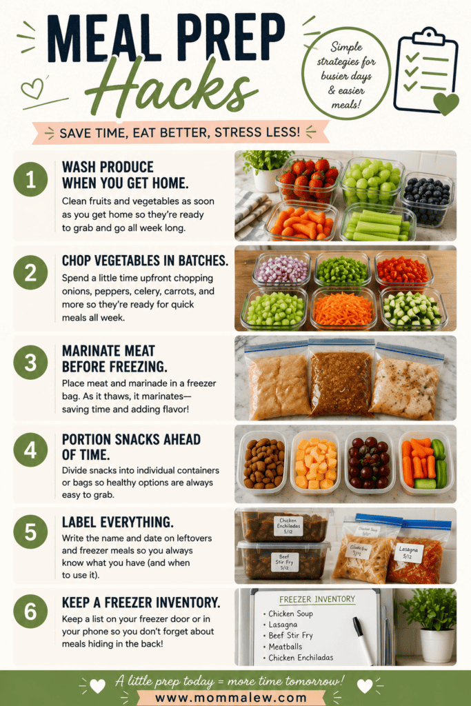 Infographic titled Meal Prep Hacks with tips like washing produce, chopping veggies in batches, storing meals and snacks, labeling food, and keeping a freezer inventory. Includes images of prepped food in containers.