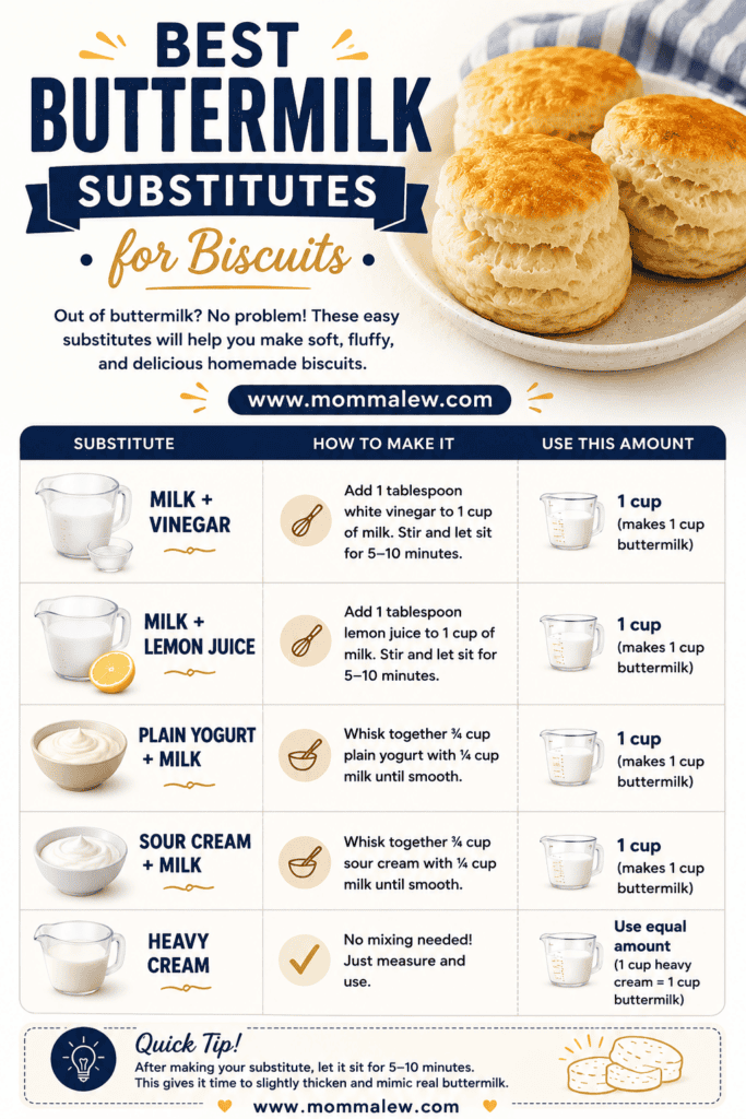Infographic titled Best Buttermilk Substitutes for Biscuits shows five substitutes with images: milk + vinegar, milk + lemon juice, plain yogurt + milk, sour cream, and heavy cream, with instructions and cup measures for each.