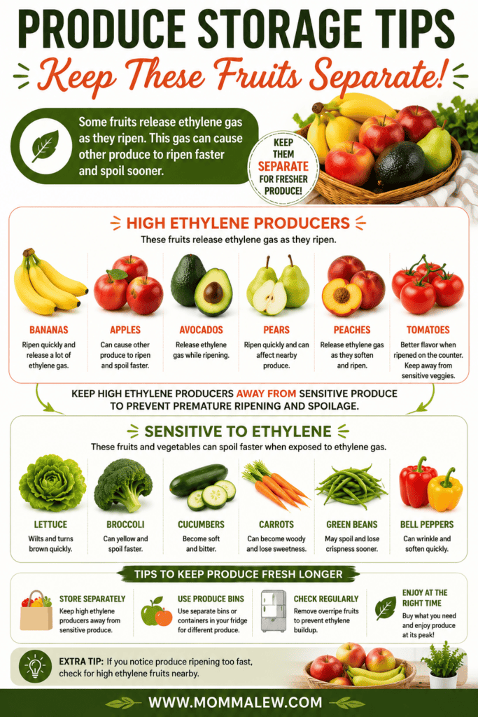 Produce Storage Tips: Infographic titled "Keep These Fruits Separate!" shows which fruits produce ethylene gas, which are sensitive, and offers storage tips for freshness. Colorful illustrations of each produce are featured.