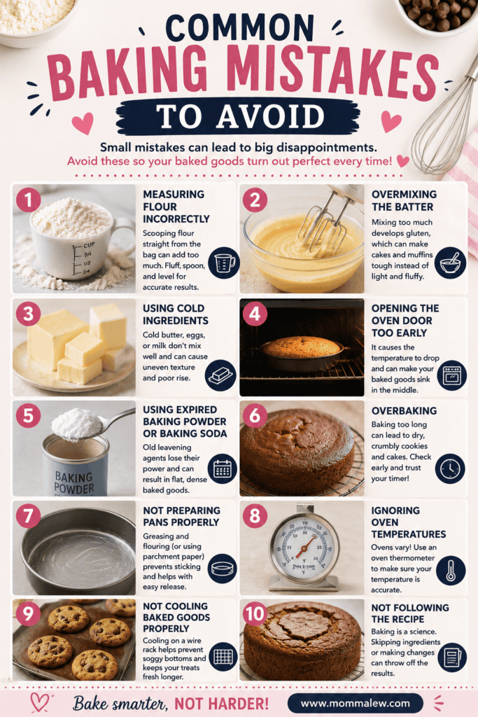 Infographic titled Common Baking Mistakes to Avoid lists and illustrates 10 common baking errors, such as overmixing, using cold ingredients, and not preheating the oven, with brief tips and images for each mistake.
