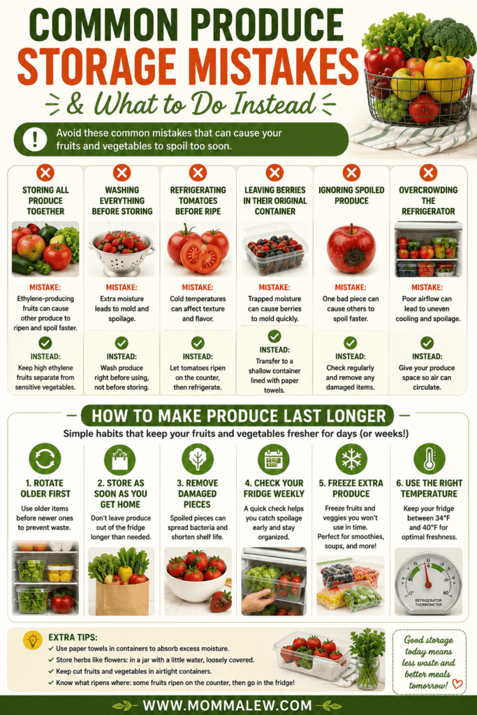 Infographic titled Common Produce Storage Mistakes & What to Do Instead features Produce Storage Tips, showing how to avoid common fruit and vegetable storage errors, with illustrations, checkmarks for correct actions, and Xs for mistakes.