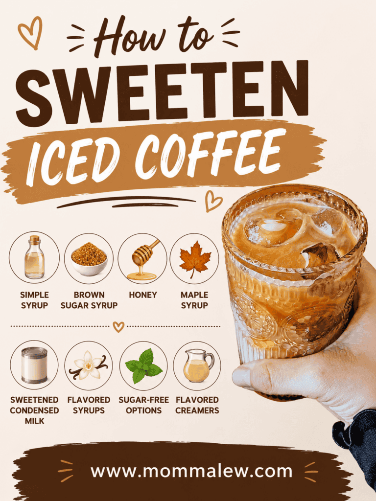 A hand holds a glass of iced coffee. Text suggests ways to sweeten iced coffee, including simple syrup, brown sugar syrup, honey, maple syrup, sweetened condensed milk, flavored syrups, sugar-free options, and flavored creamers.