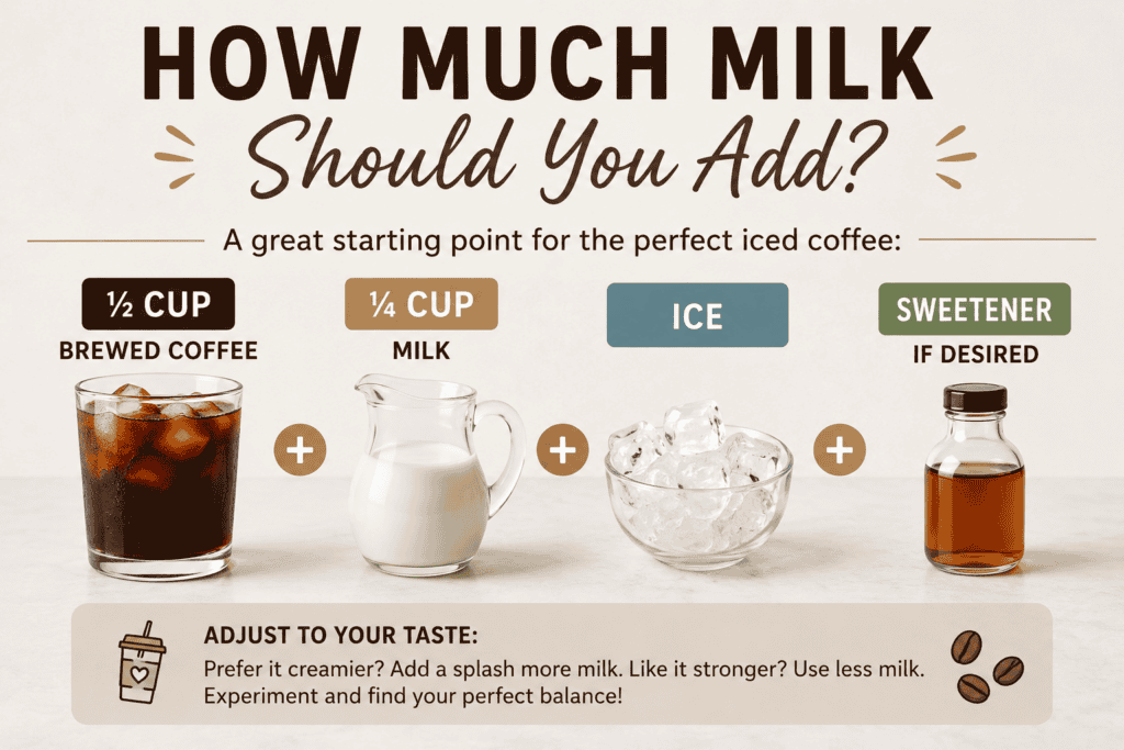 Infographic showing iced coffee recipe: 1/2 cup brewed coffee, 1/4 cup milk, ice, and sweetener if desired. Includes tips to adjust the amount of milk for personal taste. Each ingredient is pictured in a glass or jug.