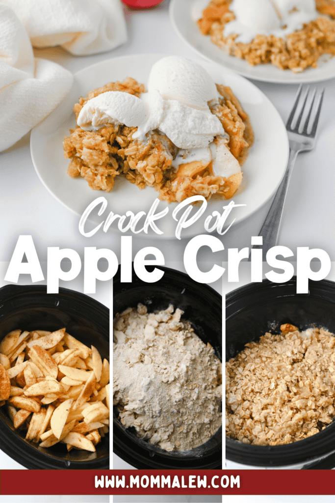 Overhead view of Crock Pot Apple Crisp. The top shows servings topped with ice cream on plates. The bottom highlights steps: sliced apples, flour mixture, and crumb topping layered in a slow cooker. Text: Crock Pot Apple Crisp.